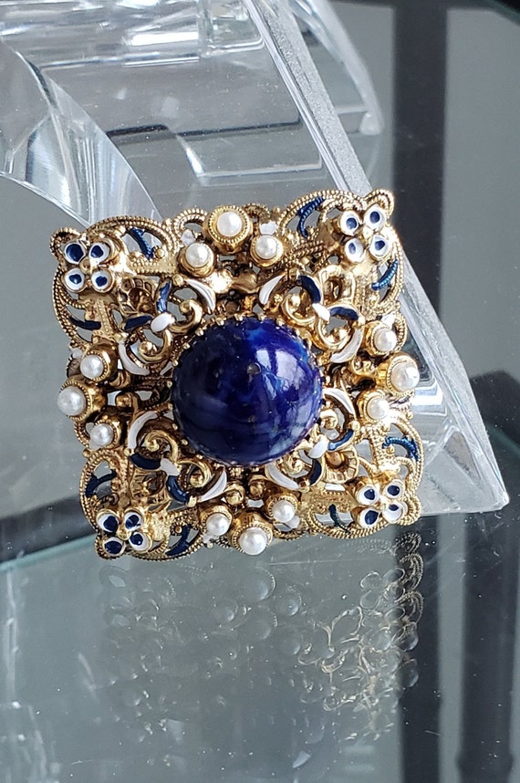 Vintage Faux Pearls Blue Lapis Cabochon Brooch w/ 