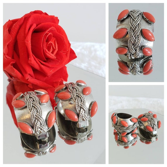 Vintage Silver Tone Metal with Faux Coral Cabocho… - image 3