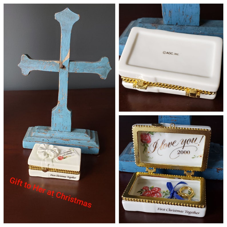 Vintage Christmas Trinket Box Porcelain Ornament Hinged Box Year 2000 20th Anniversary Married at Christmas New Century Presentation Box