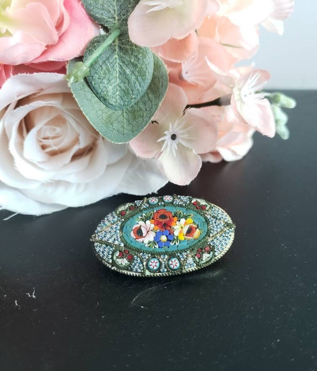 Vintage Micro Mosaic Glass Oval Brooch/ Mid Century Jewelry/ 