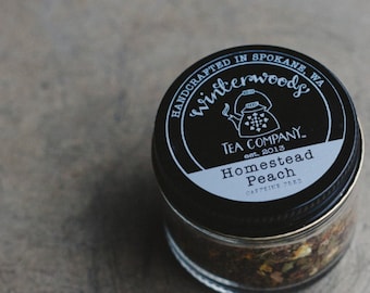 Homestead Peach Tea W/ Peaches, Rose Hips | ORGANIC Herbal Fruit Tisane Loose Leaf Blend | Glass Jar Sampler