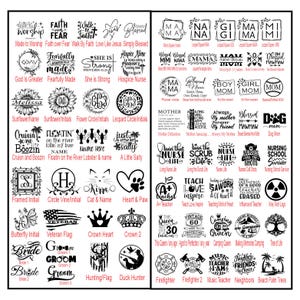May include: A collection of various graphic designs and text elements, including phrases like "Made to Worship," "Faith over Fear," and "Cruisin and Boozin." The designs feature circles, crowns, and animal-themed graphics.