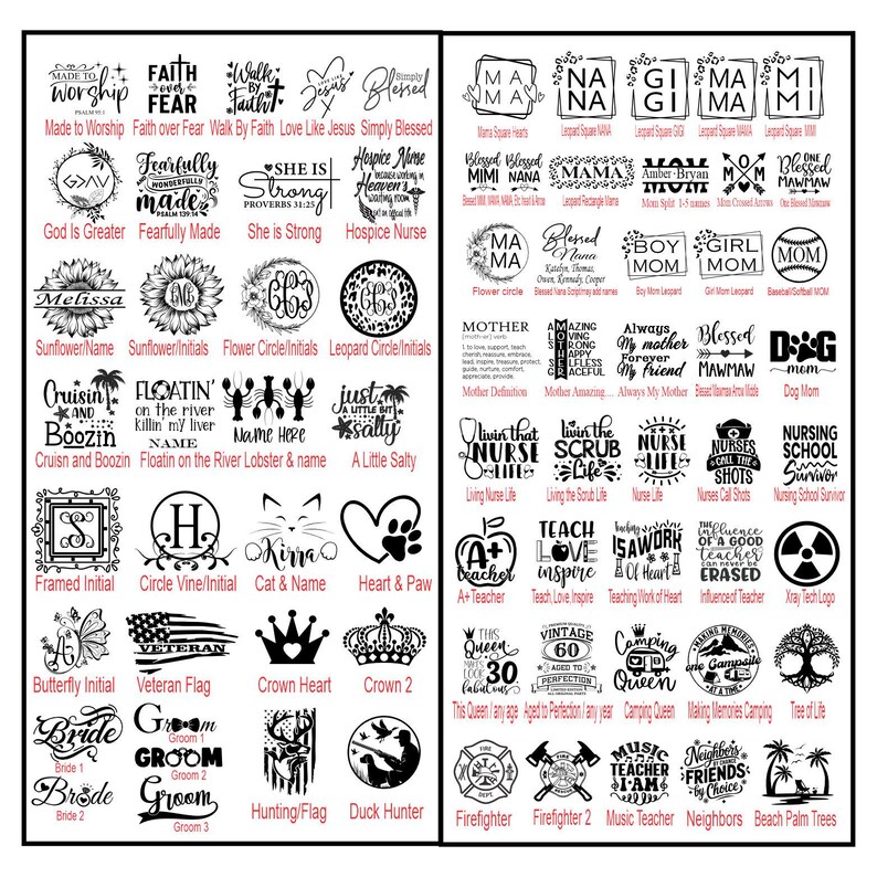 May include: A collection of various graphic designs and text elements, including phrases like "Made to Worship," "Faith over Fear," and "Cruisin and Boozin." The designs feature circles, crowns, and animal-themed graphics.