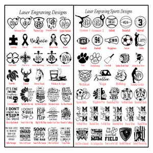 May include: A collection of laser engraving designs and sports designs. The designs include various symbols, initials, and phrases, such as a stethoscope, autism symbol, and the words "Believe" and "Hot Mess". Sports designs include softball, soccer, and baseball.