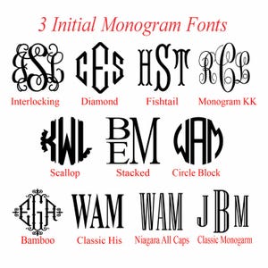 May include: Image showcasing nine different monogram font styles in black, including Interlocking, Diamond, Fishtail, Monogram KK, Scallop, Stacked, Circle Block, Bamboo, Classic His, Niagara All Caps, and Classic Monogram.