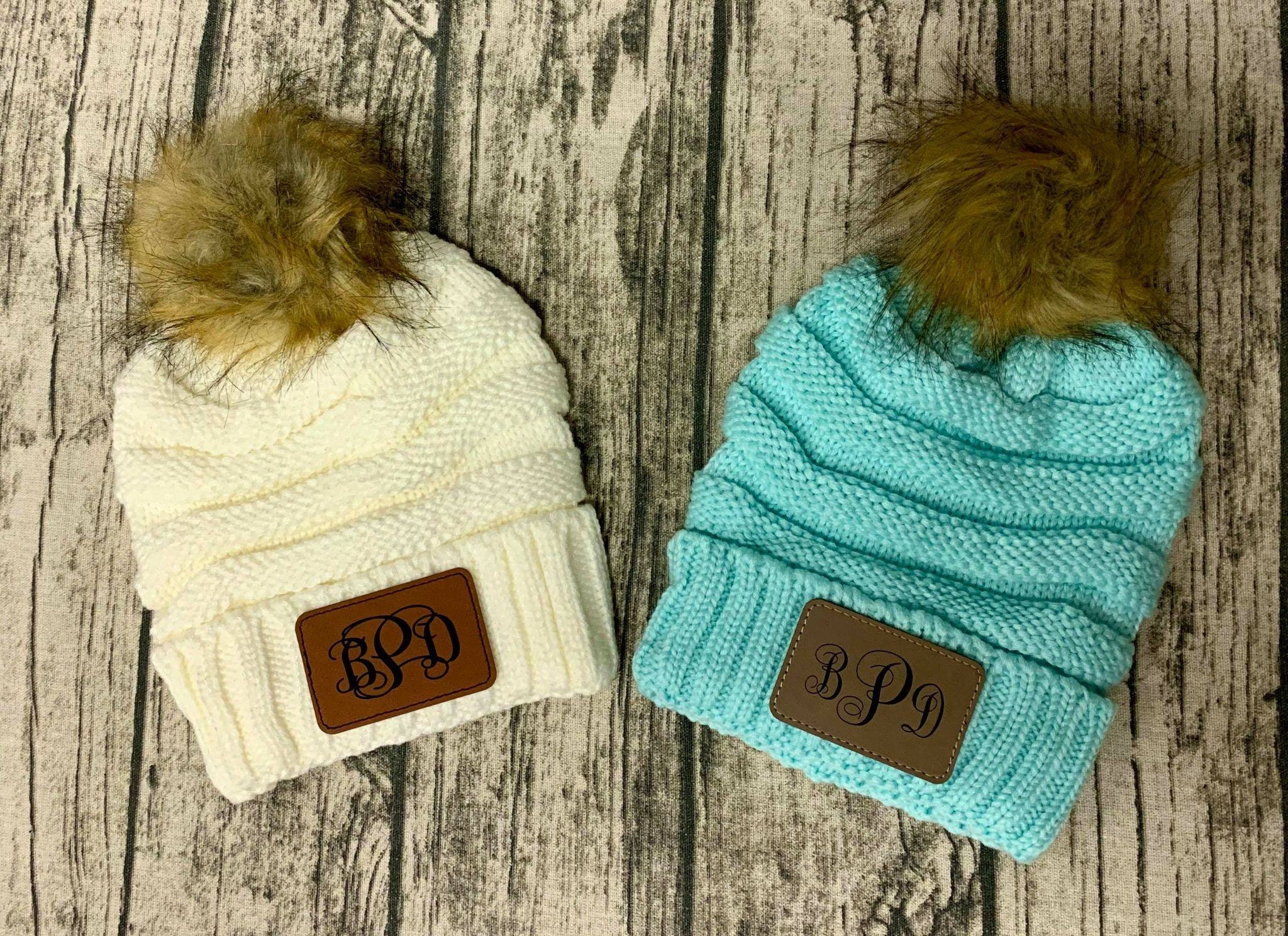 Monogram Solid Color Beanie with Pom Pom - Personalized Leather Patch Slouchy Beanie - Christmas Gift -Slouchy Beanie Hat