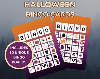 May include: A set of 30 printable Halloween bingo cards. Each card features a purple background with a black and white bingo grid. The grid is filled with various Halloween themed icons, such as a spider, a cauldron, a bat, a ghost, and a pumpkin. The cards are perfect for a Halloween party or family game night.