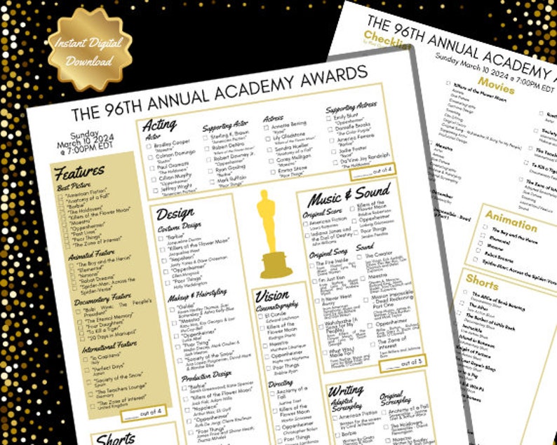 2024 Oscars Ballot 96th Academy Awards Party Games, Oscars Checklist