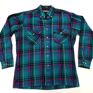 Vintage Men&#39;s button down shirt - Winterweights by Van Heusen - 90&#39;s fashion - 80&#39;s fashion - teal windowpane plaid - flannel shirt - Medium