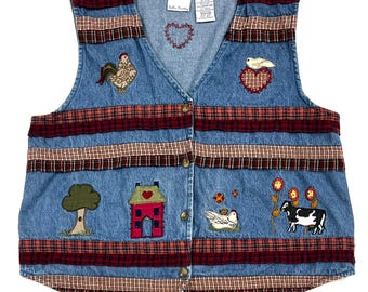 Vintage Bobbi Brooks denim vest - 90s Farm core - 100% cotton - embroidered with applique - L