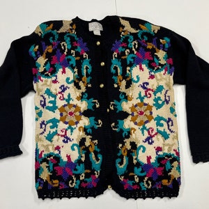 Vintage 90s Black and Gold Highly Embellished Cardigan Sweater - Casual Corner brand - Women&#39;s Medium - M sweater