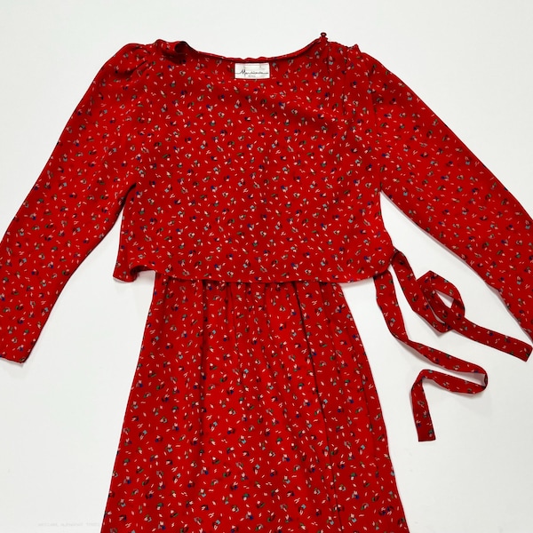 vintage 80's dress - FABULOUS color and cut  -  Marchionda Petites - red apron top dress - Petite 12