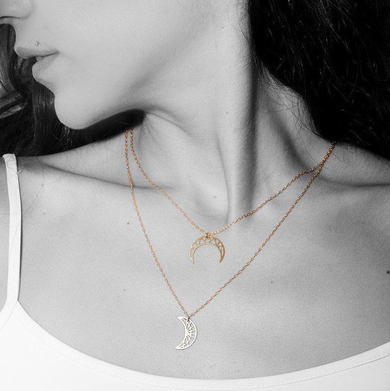 Geometric Upside Down Moon Necklace Crescent Moon Necklace celestial collection Horn Necklace gold plated gift for her fall jewelry