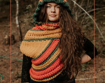 Patchwork Hooded Katniss Inspired Cowl | Asymmetrical Huntress Cowl Vest Scarf Hood | Knit Crochet Sweater Unique Bohemian Boho Cross Body