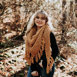 Chunky triangle knit scarf with tassels, chunky scarf, fringe scarf, neck wear, shawl, knit wrap, boa, long wool wrap, Boho Hippie Mustard image 1