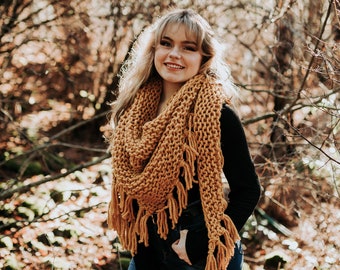 Chunky triangle knit scarf with tassels, chunky scarf, fringe scarf, neck wear, shawl, knit wrap, boa, long wool wrap, Boho Hippie Mustard