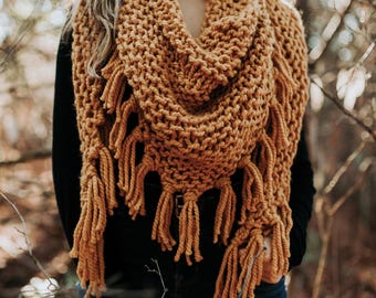 KNITTING PATTERN | Yosemite Oversized Triangle Scarf | Chunky Knit Wrap Pattern | Oversized Tassel Shawl | Cozy Beginner Knitting Pattern
