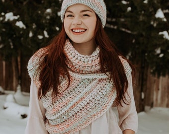 Katniss Inspired Cowl and Double Brim Knit Beanie Set / Huntress Vest Cowl Scarf Crochet Sweater Crossbody Hat Outdoorsy Boho Minimalist