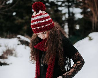 READY TO SHIP Cappello a maglia e set di sciarpe con pompom- Chunky sciarpa sfioro- Thick Soft-Scarf con pom-Knit-Boho pompom-Unisex