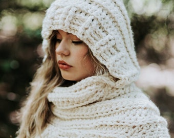 Katniss Inspired Cowl with Hood - Huntress Cowl Vest Scarf- Handmade- Knit Crochet Sweater-Unique- Bohemian Rustic -Knit Sweater- Cross Body