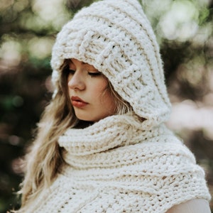 Katniss Inspired Cowl with Hood - Huntress Cowl Vest Scarf- Handmade- Knit Crochet Sweater-Unique- Bohemian Rustic -Knit Sweater- Cross Body