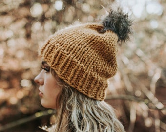 Knit Beanie with Faux Fur Pom Pom, Slouch hat, knit cap hat, hat with fur pom, Bohemian Hipster, Bonnet, Cap, hat brim, mustard fur hat