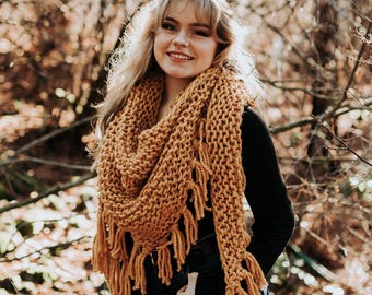 KNITTING PATTERN | Knit oversized triangle scarf with tassels |  fringe chunky knit shawl knit wrap easy beginner | PDF Download | Yosemite