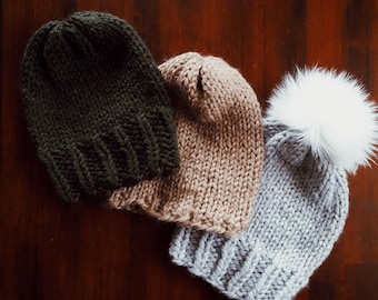 KNITTING PATTERN | Classic Knit Beanies, Three Variations | 3 in 1 DIY Hat, Chunky Slouchy Hat, Knit Beanie, Easy Pattern, Simple Bulky Cap
