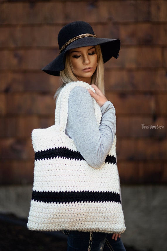 READY TO SHIP Crochet Summer Tote Bag Knitted Bag Crocheted Bag Summer Bag Bohemian - Boho Bag- Black and white bag- black and white tote