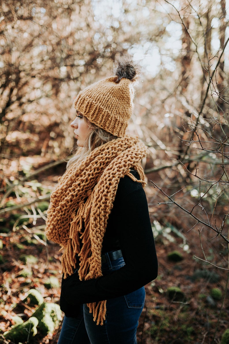 Chunky triangle knit scarf with tassels, chunky scarf, fringe scarf, neck wear, shawl, knit wrap, boa, long wool wrap, Boho Hippie Mustard image 4