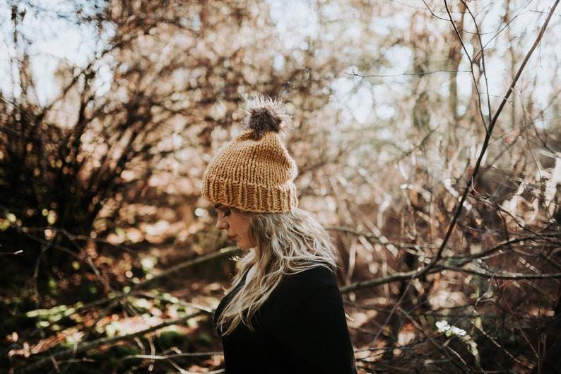 Knit Beanie with Faux Fur Pom Pom, Slouch hat, knit cap hat, hat with fur pom, Bohemian Hipster, Bonnet, Cap, hat brim, mustard fur hat image 6