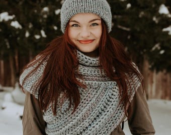 Katniss Inspired Cowl and Double Brim Knit Beanie Set / Huntress Vest Cowl Scarf Crochet Sweater Crossbody Hat Outdoorsy Boho Minimalist
