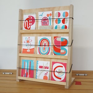 Card display in ply wood - easy assemble postcard stand for market and shop - can be customised - wooden greeting card display