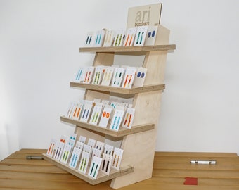 Wooden tiered display for cards with reversible shelves for product cards, soaps, candles, small items - flat pack for market and shop