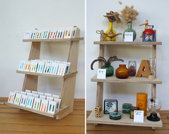 Three tiered wooden display for earring cards, soaps, candles, figurines etc. - reversible shelves - flat pack for market and shop