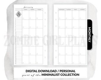 Filofax Personal Refills, Monthly Calendar, Month on 2 Pages, Monthly Insert, Monthly Printable, Personal Size Planner Inserts, Mo2P
