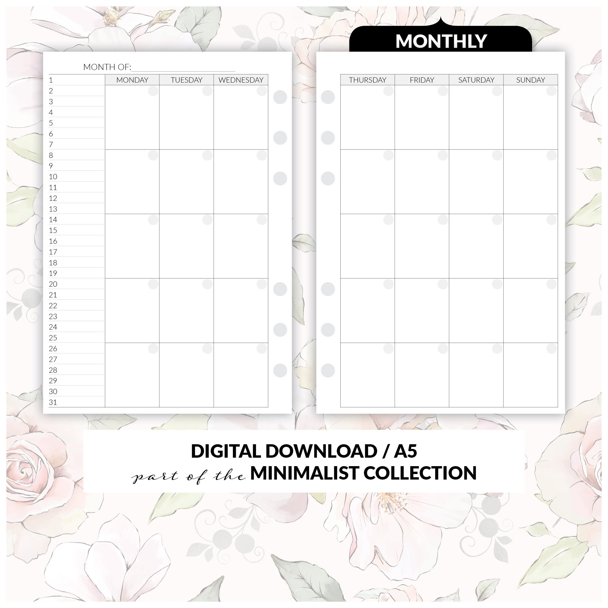 A5 Printable Planner Insert, Monthly Calendar, Month on 2 Pages