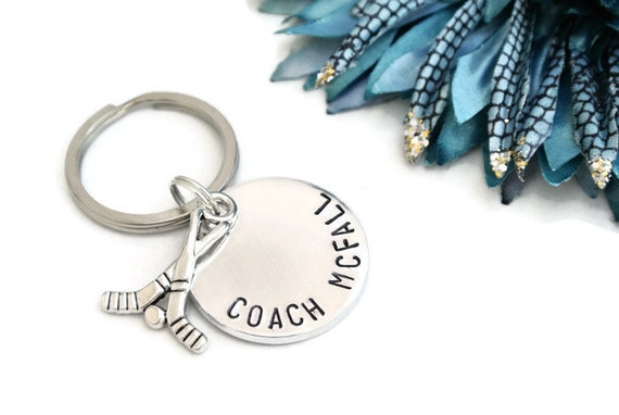 Personalized Hockey Coach Hand Stamped Keychain Thank You Image 0