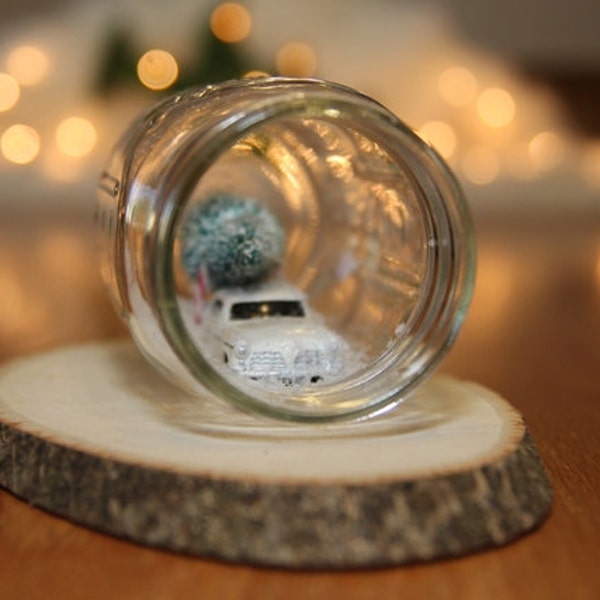 Snow globe mason jar old car  Winter Christmas decor rustic retro bottle brush trees gift for her dorm room apartment