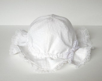 White Ribbon Hat, Baby Girl Sun Hat with Adjustable Ribbon, Baby Sun Hat, Baby Girl Summer Hat, Baby Easter Hat, Polka Dots, Christening