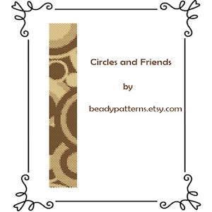 Peut inclure: Un motif de bracelet en perles avec un design géométrique composé de cercles et de volutes dans des tons bruns et beiges. Le motif est intitulé "Circles and Friends" par beadypatterns.etsy.com.