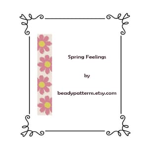 Op de afbeelding: Een kralenpatroon voor een armband met een herhalend ontwerp van roze bloemen met gele centra. Het patroon is getiteld "Spring Feelings" door beadypatterns.etsy.com.
