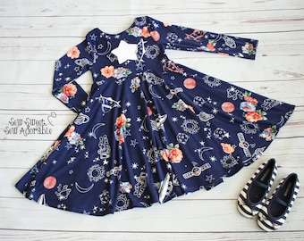 Girl's Twirly Dress with Star or Heart Cutout, CUSTOM, Dress with Pockets, BRUSHED POLY, Toddler Dress, Skater Dress, Circle Skirt