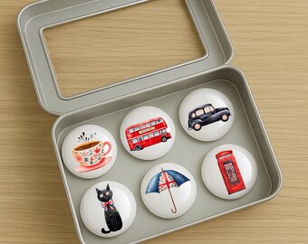 Imanes de Londres en caja de regalo / Juego de 6 / Regalos para entusiastas de Londres / Regalos de viaje por el Reino Unido / Imanes de regalo con temática británica