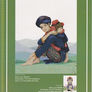 Patrón de punto de cruz de la colección PINN. Tribus de las colinas con niña y mascota extra. Patrón 21002.