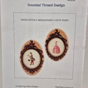 May include: A counted thread design pattern for cross stitch, needlepoint, or petit point. The pattern features two framed images of a man and a woman in period clothing. The pattern is titled "Helen Burgess Counted Thread Design" and the number 4028 is printed in the top right corner. The copyright information is "2008 Pegs Fibers Designs" and the website "PegsFibers on Etsy.ca" is printed at the bottom.