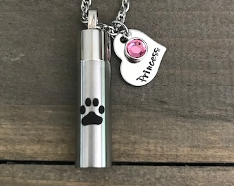 Hand Stamped Pet Cremation Urn Necklace, Paw Print, Personalized Pet Memorial