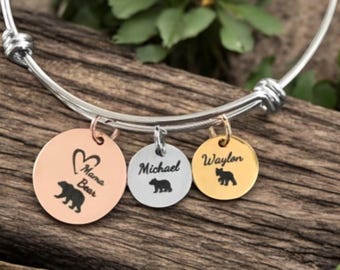 Personalized Mama Bear Bracelet, Stainless Steel Family Cub Jewelry