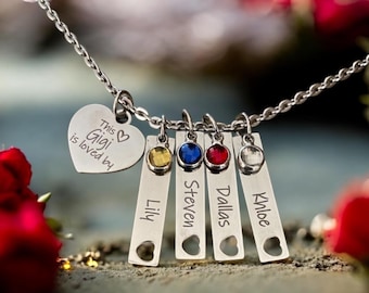 Personalized Gigi Necklace | Stainless Steel Bar Charms & Birthstones