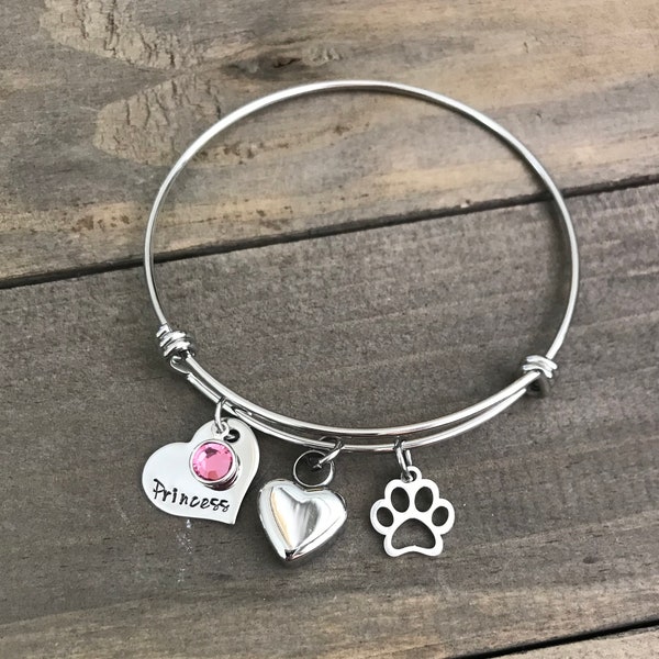 Pet urn Bracelet pet cremation ashes Personalized pet name Paw memorial Bangle, cremation urn Bracelet, loss of a fur baby, pet cat dog urn